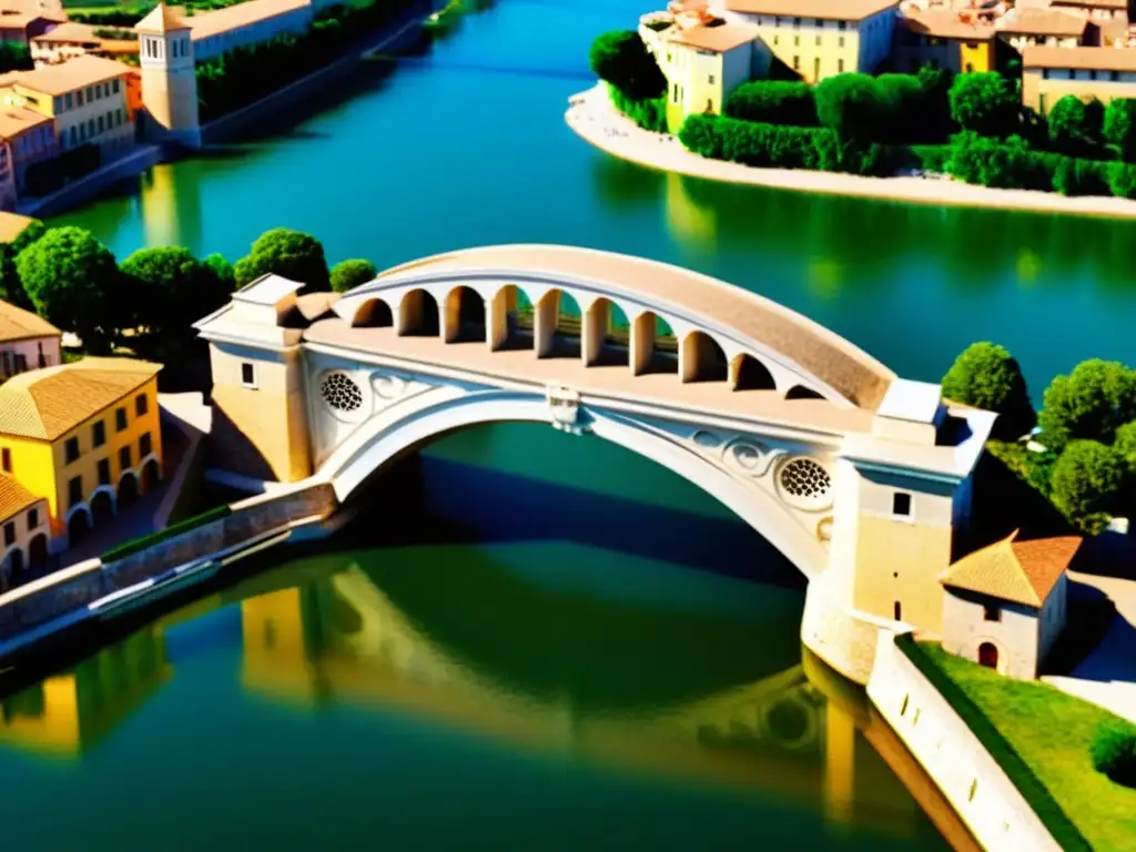 Vista 3D detallada del Puente de Tiberio en Rimini, que muestra la historia del Puente de Tiberio en Rimini y su atmósfera histórica y arquitectónica