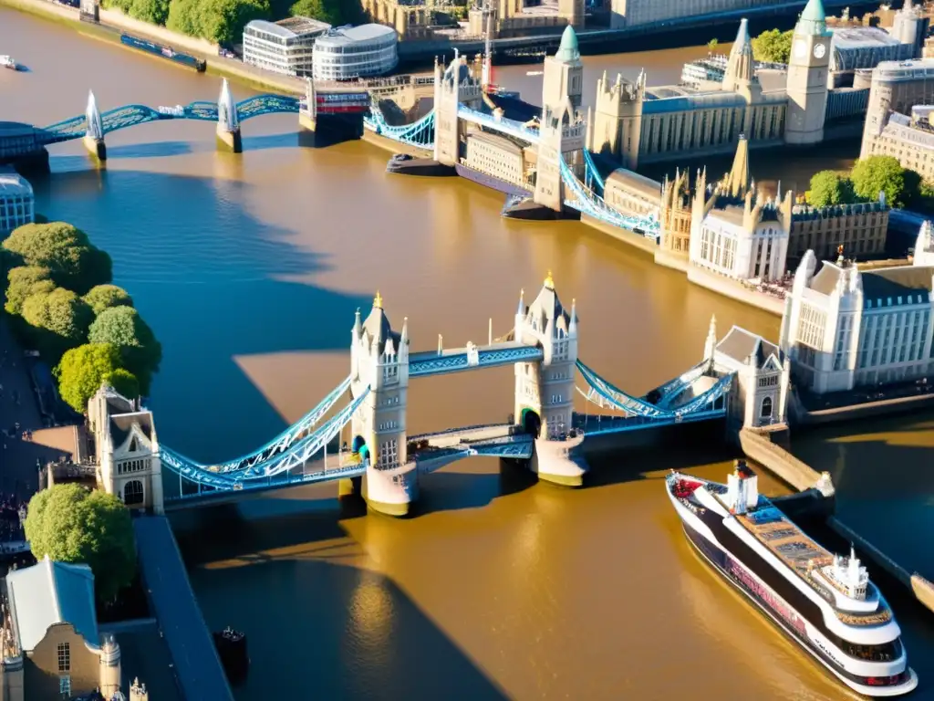 Vista detallada del Puente de la Torre de Londres al atardecer, resaltando su arquitectura gótica victoriana y el puente levadizo en acción