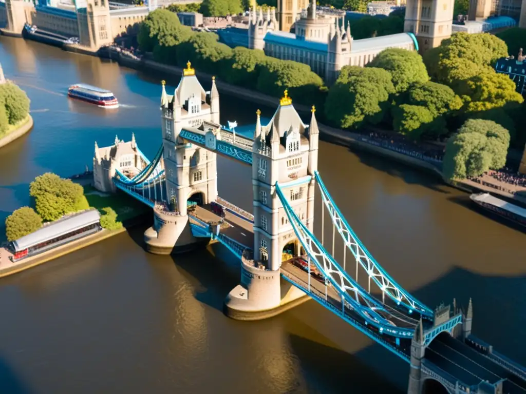 Vista detallada del Puente de la Torre de Londres, bañado por cálida luz de tarde, resaltando su arquitectura gótica y su historia