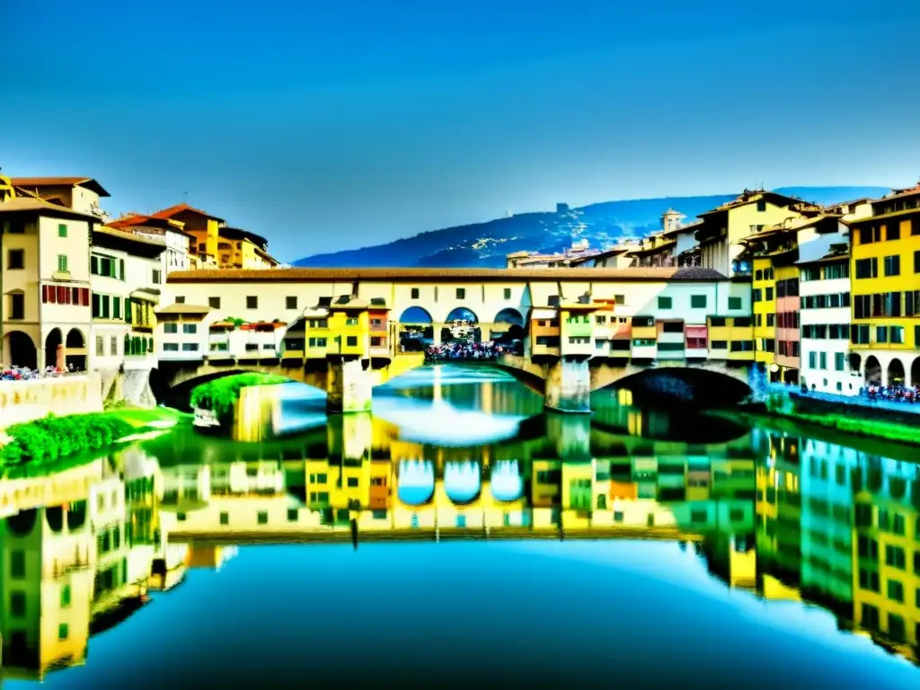 Vista detallada del Puente Vecchio en Florencia, mostrando su historia y arquitectura, reflejos en el río Arno y vida cotidiana