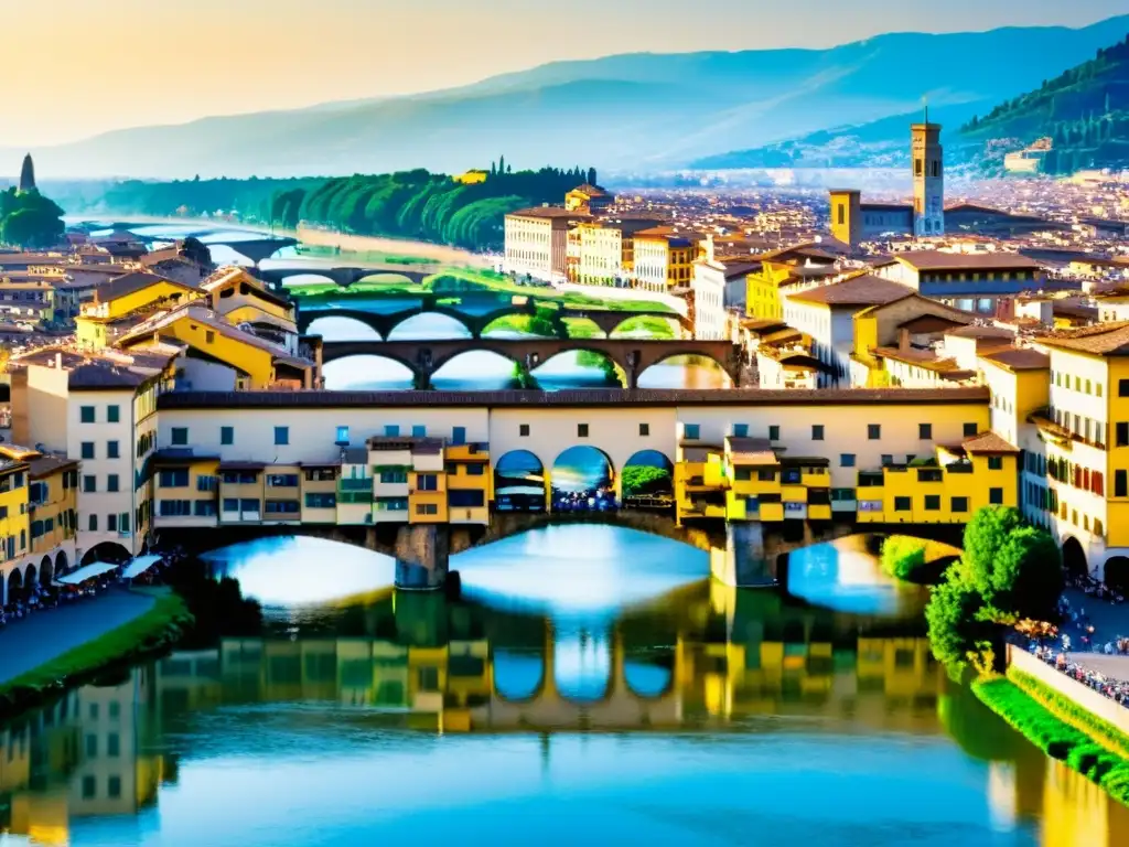 Vista detallada del Puente Vecchio en Florencia al atardecer, destacando su historia y arquitectura con el río Arno y tiendas en el fondo