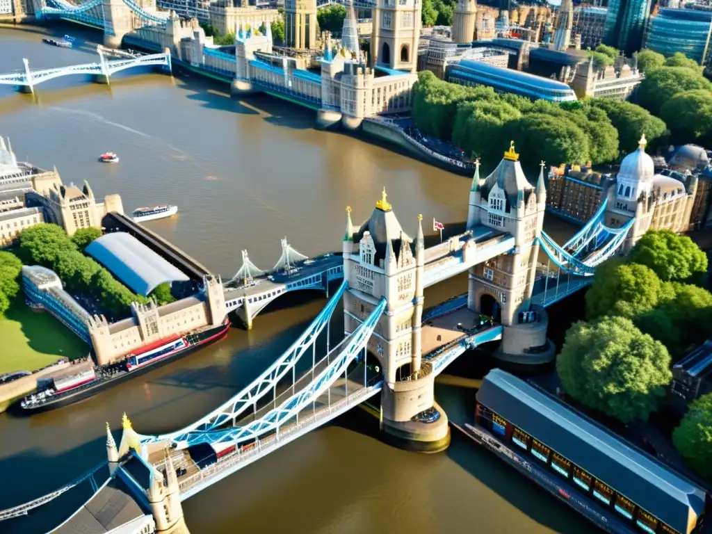 Vista detallada del icónico Tower Bridge de Londres sobre el río Támesis, destacando su grandiosidad y diseño gótico victoriano