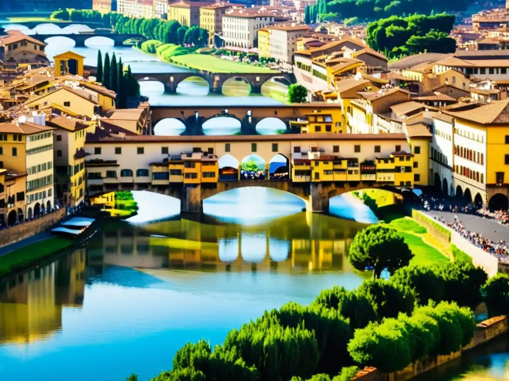 Vista detallada del icónico Ponte Vecchio en Florencia, Italia, con su arquitectura medieval y cálida luz solar