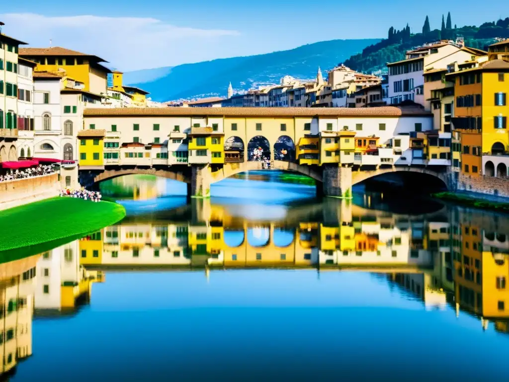 Vista detallada del histórico Ponte Vecchio en Florencia, con joyerías y arquitectura única, bañado por cálida luz solar