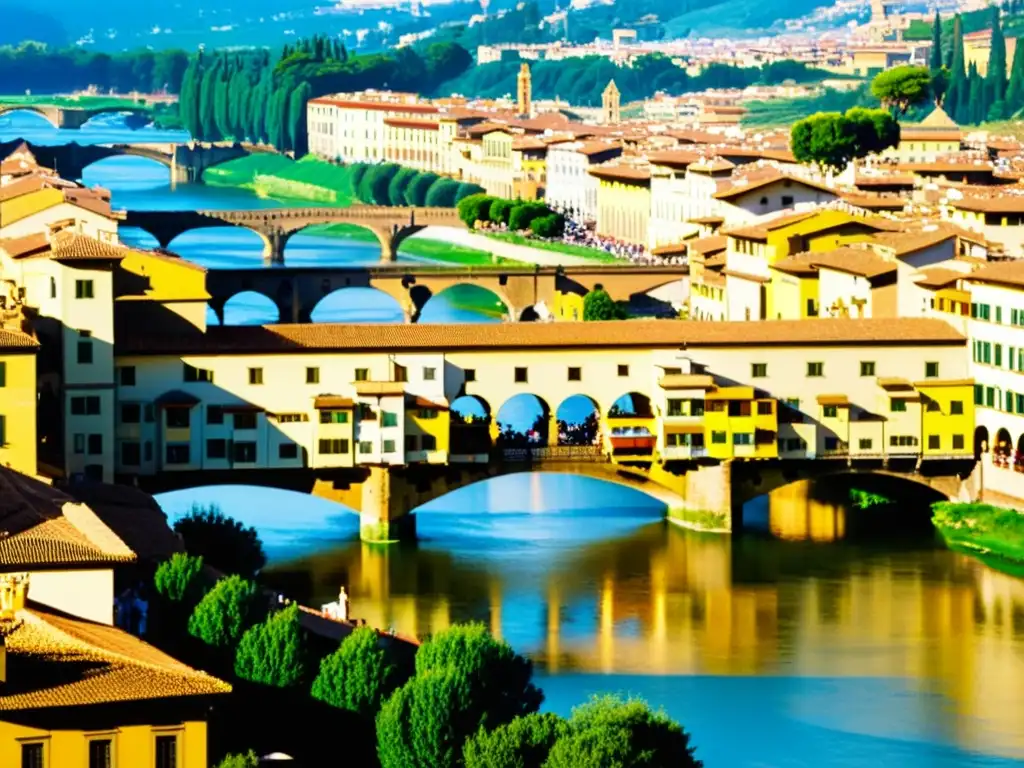 Vista detallada del Ponte Vecchio en Florencia, con sus arcos históricos, tiendas animadas y el río Arno