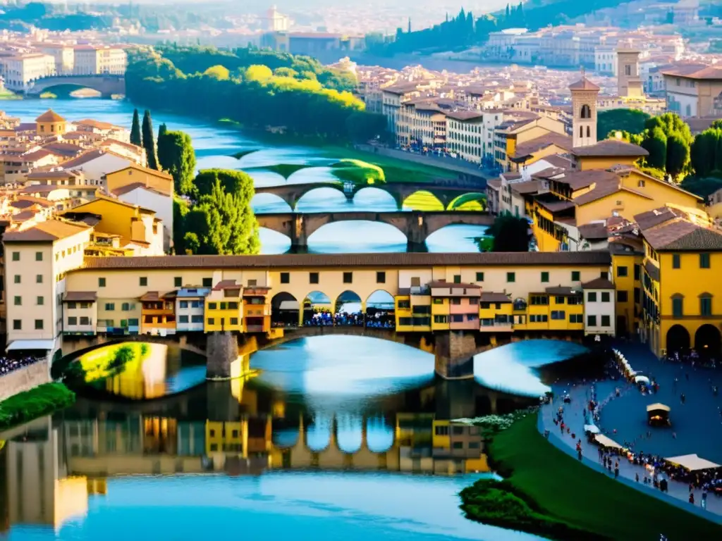 Vista detallada de la histórica Ponte Vecchio en Florencia, Italia, iluminada por el cálido sol del atardecer