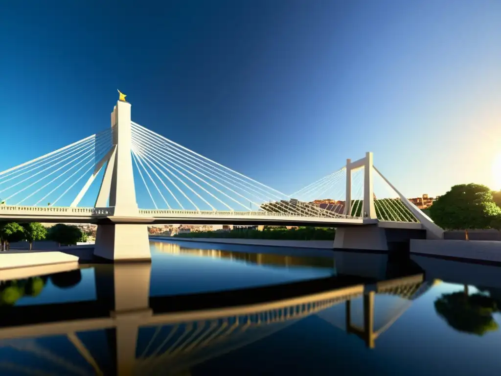 Vista 3D del Puente Constitución 1812 con detalles arquitectónicos y juego de luces y sombras