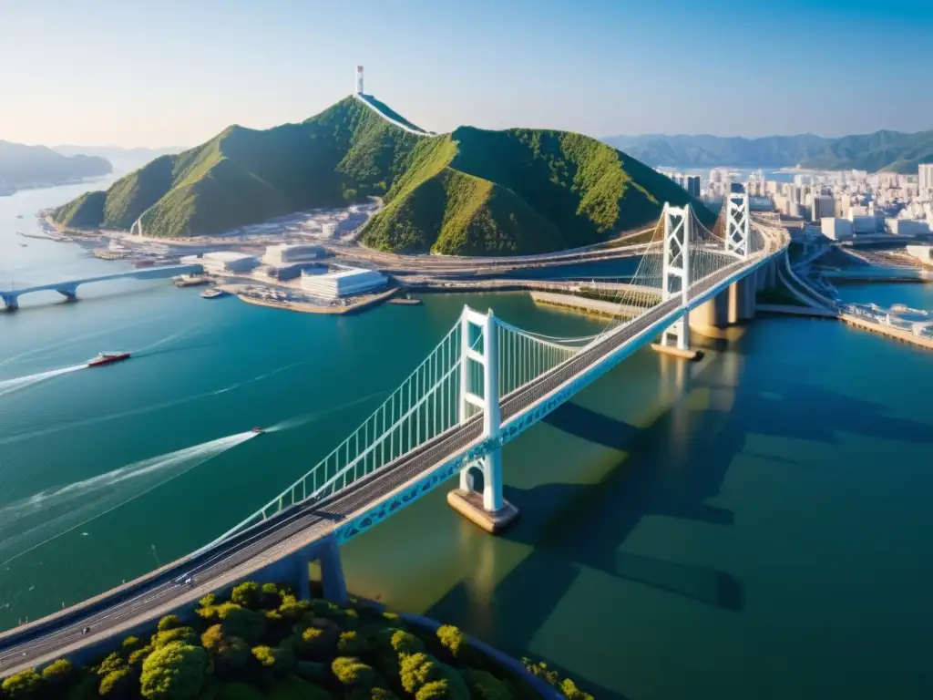 Vista dinámica en 3D del Puente Akashi Kaikyo, resaltando sus detalles arquitectónicos y paisaje circundante