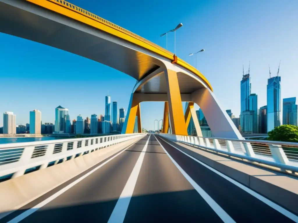 Vista dinámica de un puente inteligente integrado en la ciudad, mostrando su diseño arquitectónico innovador