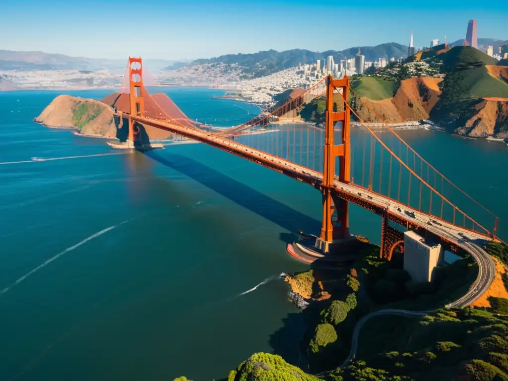 Vista documental de la icónica Arquitectura de puentes icónicos del mundo, el Puente Golden Gate en San Francisco, con la ciudad al fondo