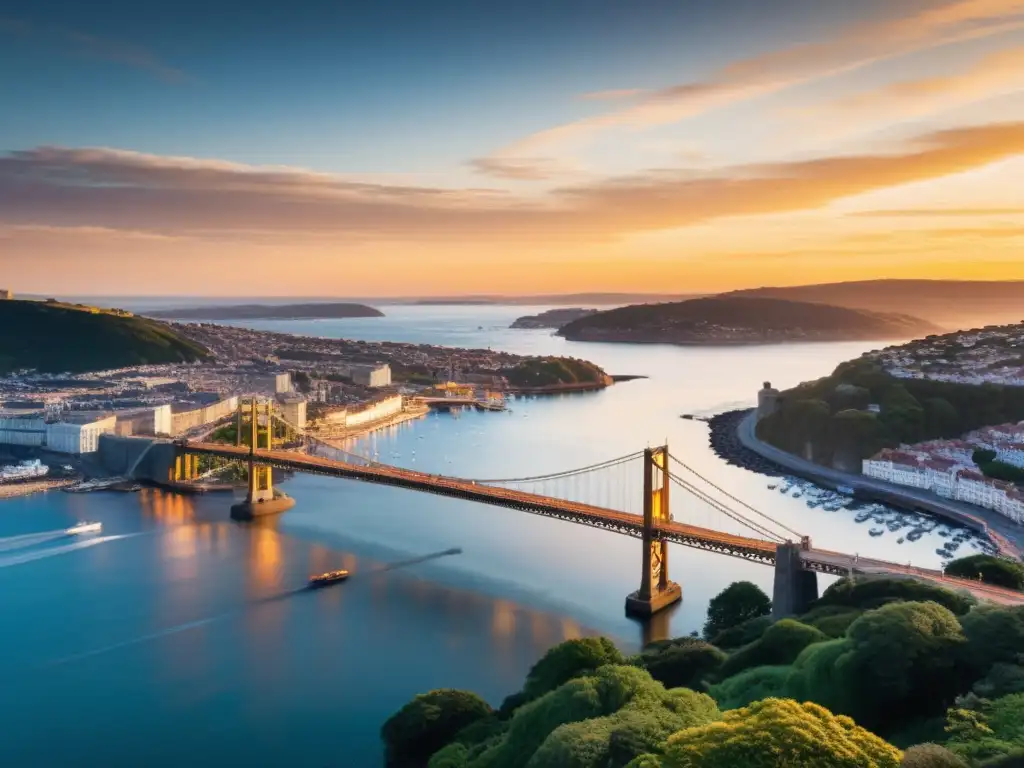 Vista documental de una ciudad costera al atardecer con un puente icónico y cálido resplandor dorado