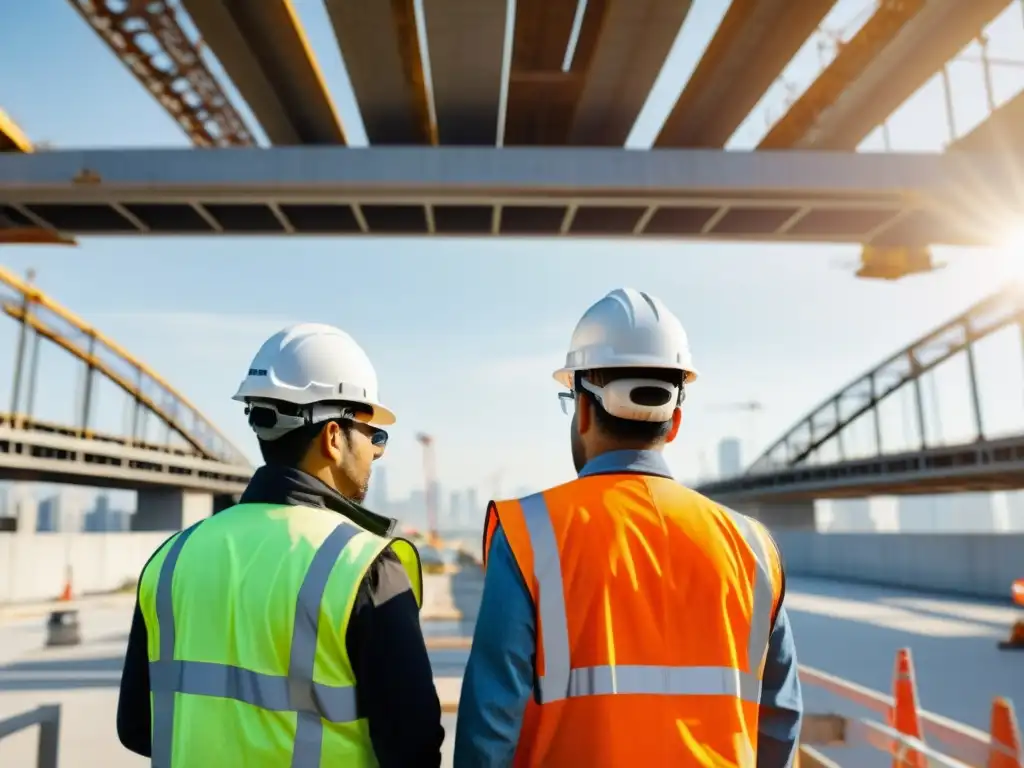 Vista documental de construcción de puente moderno con trabajadores usando realidad aumentada en arquitectura de puentes