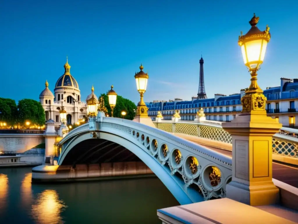 “Vista documental del elegante Puente de Alejandro III en París, resaltando su diseño ornamental y detalles arquitectónicos