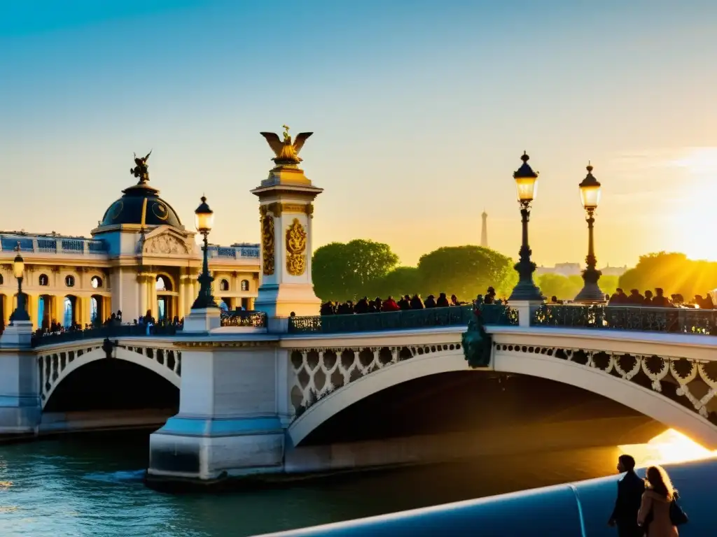 Vista documental del Puente Alexandre III en París durante ferias del libro, con actividad cultural y gente diversa disfrutando del evento