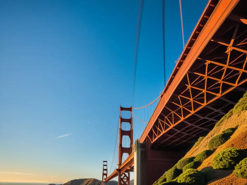 Vista documental del icónico Puente Golden Gate, bañado en cálida luz dorada al atardecer, destacando su arquitectura de puentes icónicos