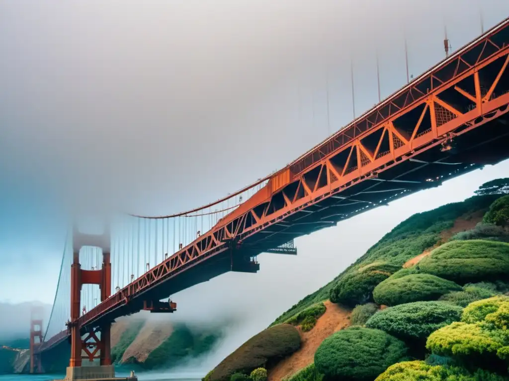 Vista documental del icónico Puente Golden Gate en San Francisco, con su distintivo color rojo-naranja resaltando entre la niebla y la ciudad