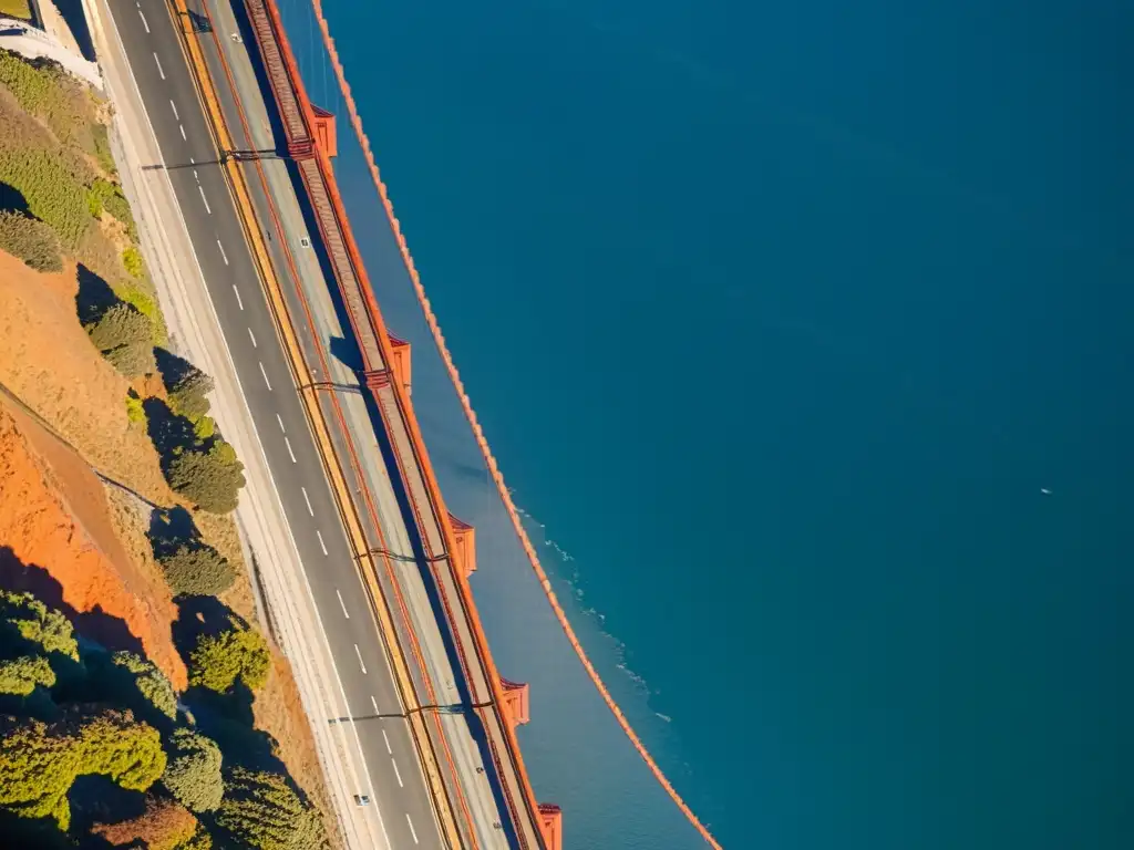 Vista documental del icónico Puente Golden Gate en San Francisco, resaltando su ingeniería y juego de luces y sombras