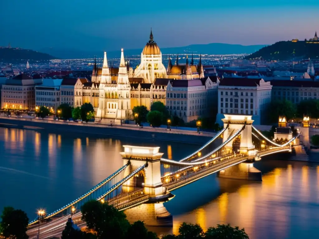 Vista documental del icónico Puente de las Cadenas de Budapest al atardecer, resaltando su belleza y grandiosidad