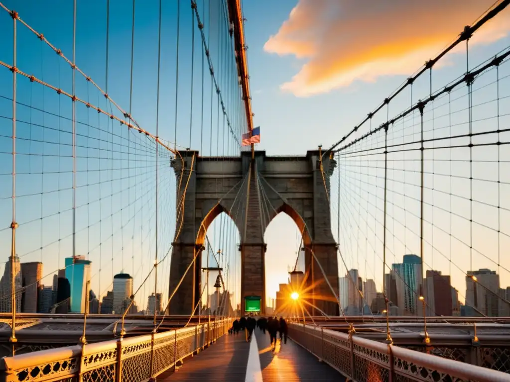 Vista documental del impacto cultural del Puente de Brooklyn en América Latina, con el atardecer iluminando sus detalles arquitectónicos