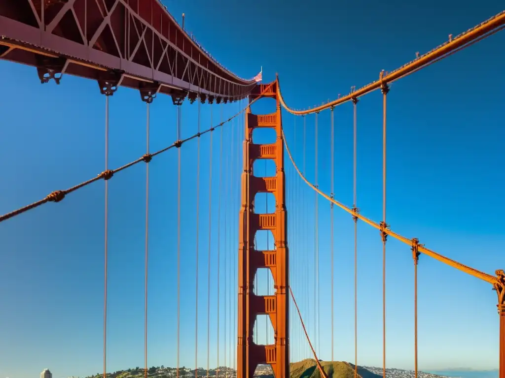 Vista documental de la intrincada estructura del puente Golden Gate en San Francisco, resaltando sus secretos estructurales