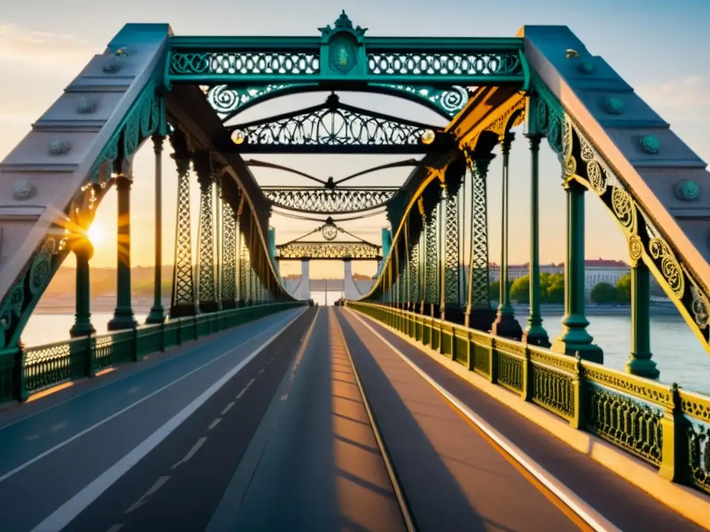 Vista documental del majestuoso Puente de la Libertad de Budapest, resaltando su belleza histórica y arquitectónica sobre el río Danubio al atardecer