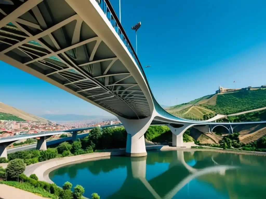 Vista documental del moderno Puente de la Paz en Tbilisi, Georgia, resaltando su diseño arquitectónico y contraste con la ciudad histórica