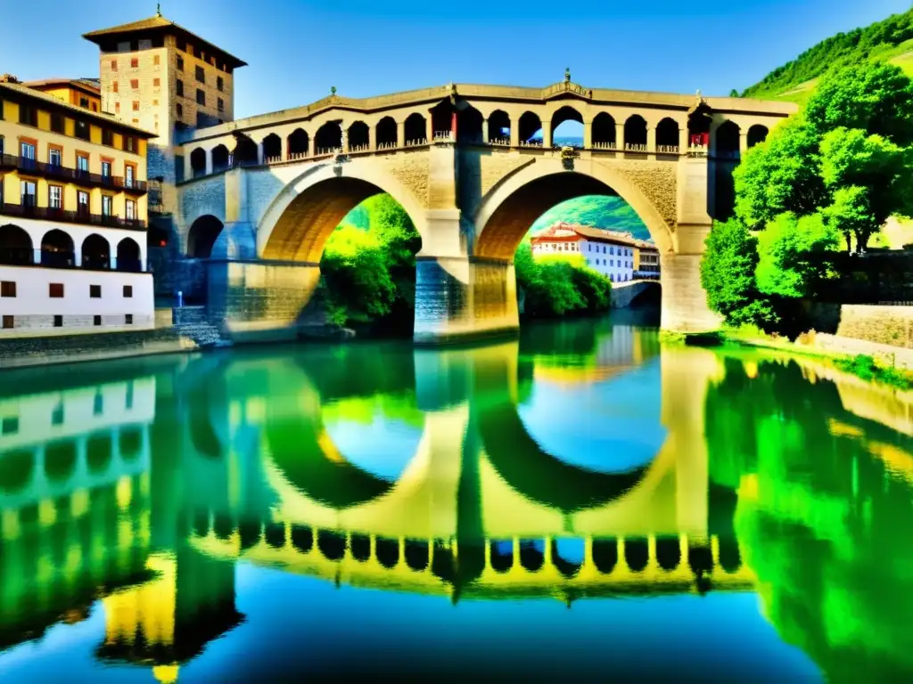 Vista documental del Puente de la Magdalena en Pamplona, reflejándose en las aguas del río Arga, resaltando su belleza histórica y arquitectónica