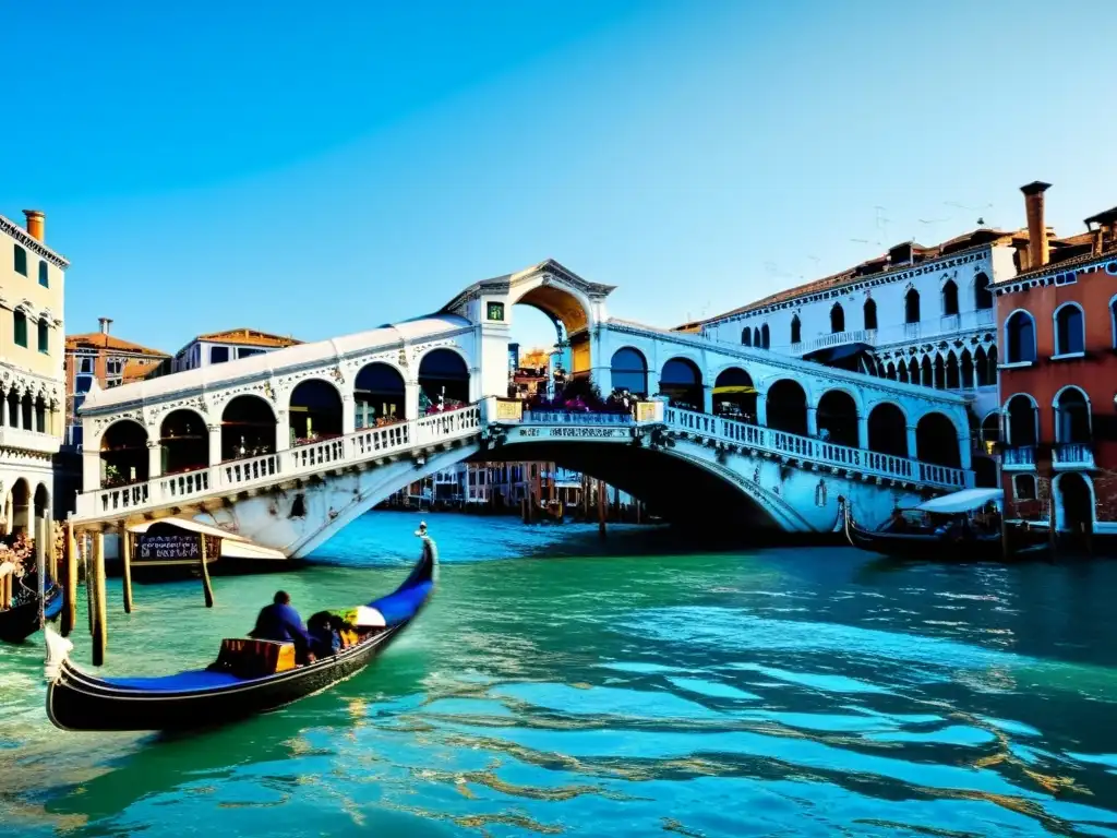 Vista documental del Puente de Rialto en Venecia, con detalles arquitectónicos, actividad bulliciosa y góndolas en el Gran Canal