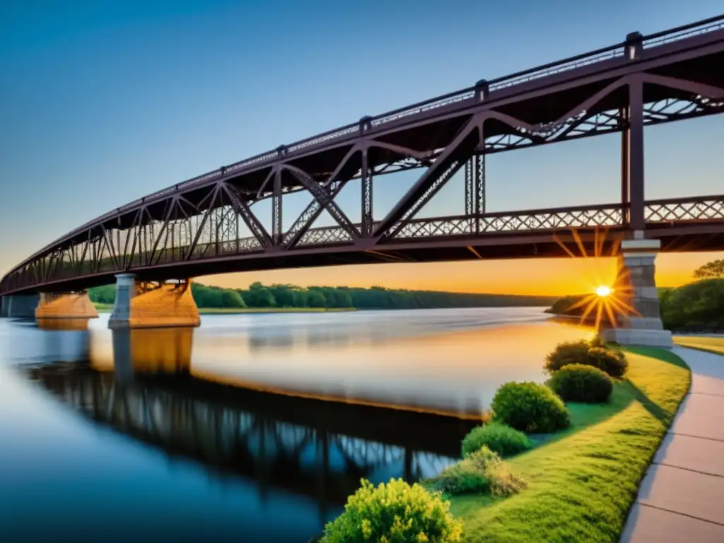 Vista documental del Puente Henderson, resaltando su historia y arquitectura con una luz cálida al amanecer o atardecer