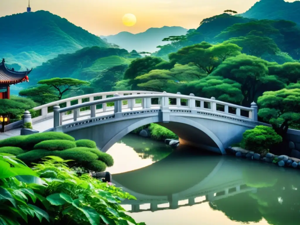 Vista documental del Puente de la Luna en Taipei, su diseño arquitectónico chino y entorno sereno con visitantes cruzando