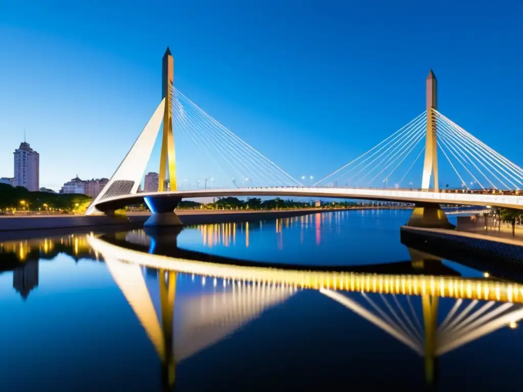 Vista documental del Puente de la Mujer en Buenos Aires al atardecer, reflejando elegancia y modernidad en el diseño arquitectónico