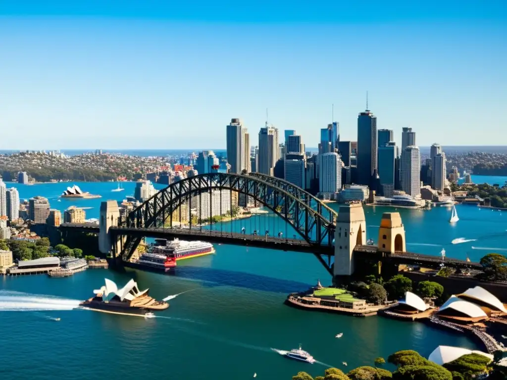 Vista documental de Sydney con el Puente de la Bahía de Sídney y la Ópera de Sídney al fondo, destacando el impacto ambiental del icónico puente