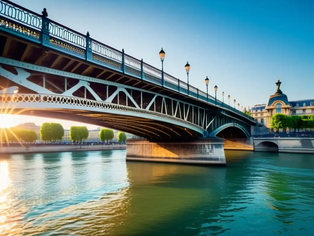 Vista documental del Puente de BirHakeim Paris, con reflejos en el río Sena y la luz del sol resaltando su estructura de acero