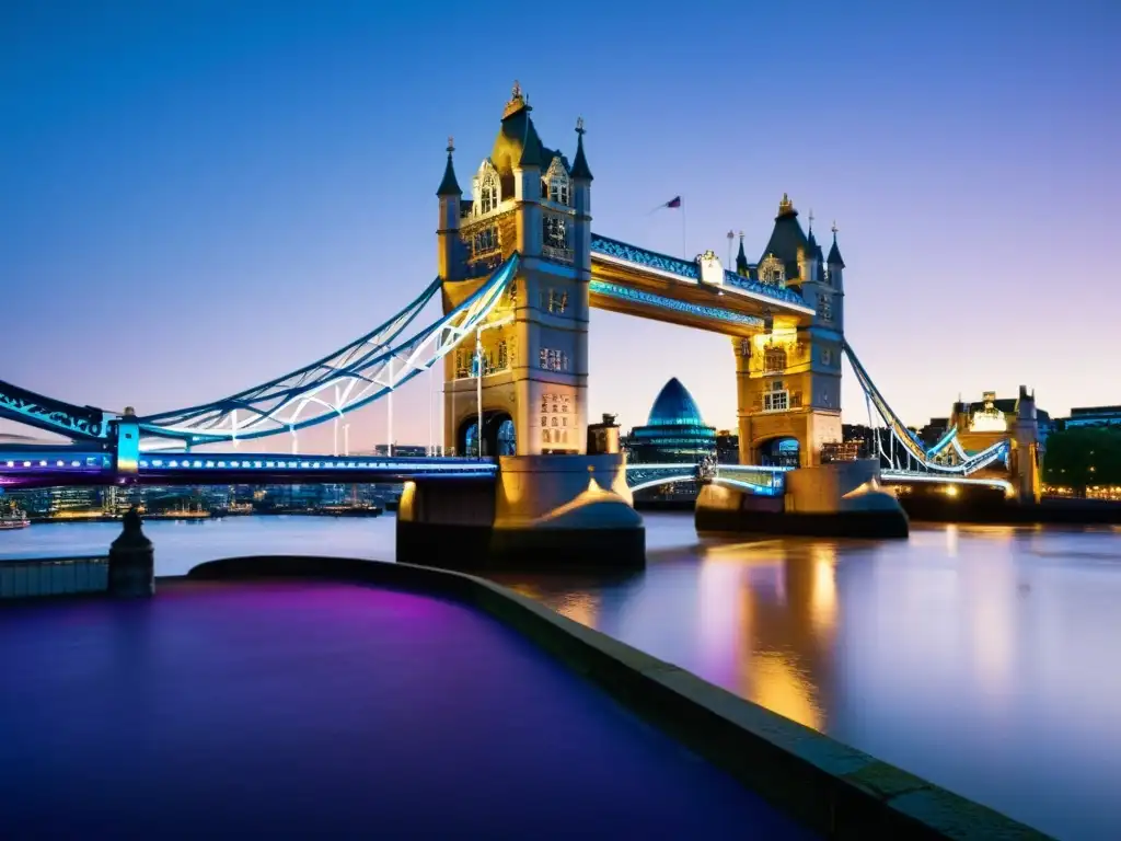 Vista documental del Puente de la Torre de Londres al anochecer, iluminado por cálidas luces doradas sobre un cielo azul y morado