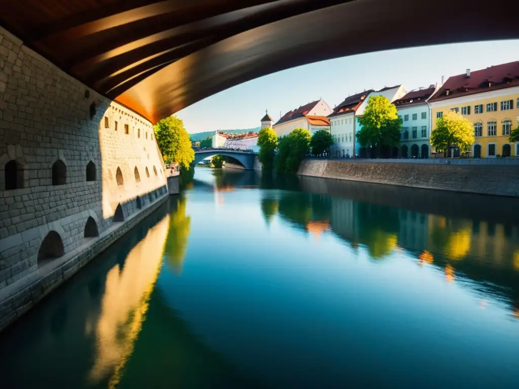 Vista documental del Puente Triple de Liubliana, con historia y arquitectura impresionantes a la luz de la tarde