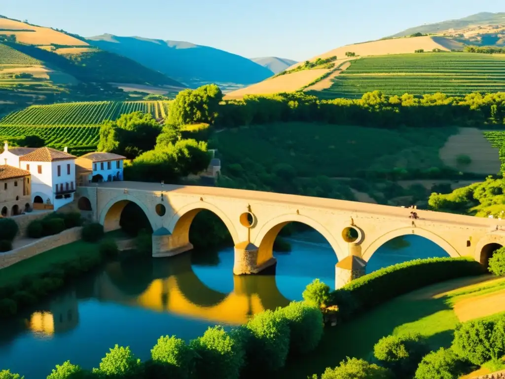 Vista documental del Puente de Piedra y viñedos, bañados por el cálido sol de la tarde