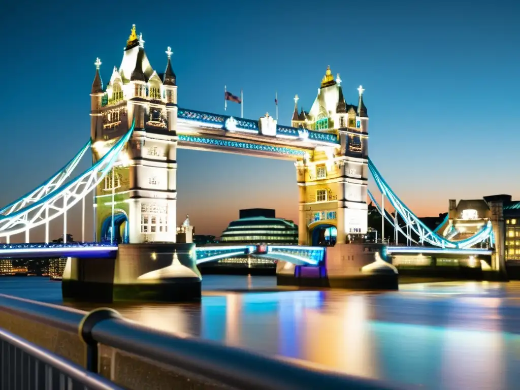 Vista documental de la Torre de Londres con realidad aumentada en puentes icónicos, resaltando historia y arquitectura