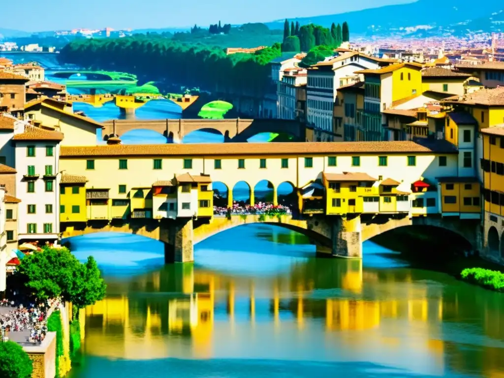 Vista documental del icónico Ponte Vecchio en Florencia, concurrido puente que refleja la cultura popular italiana