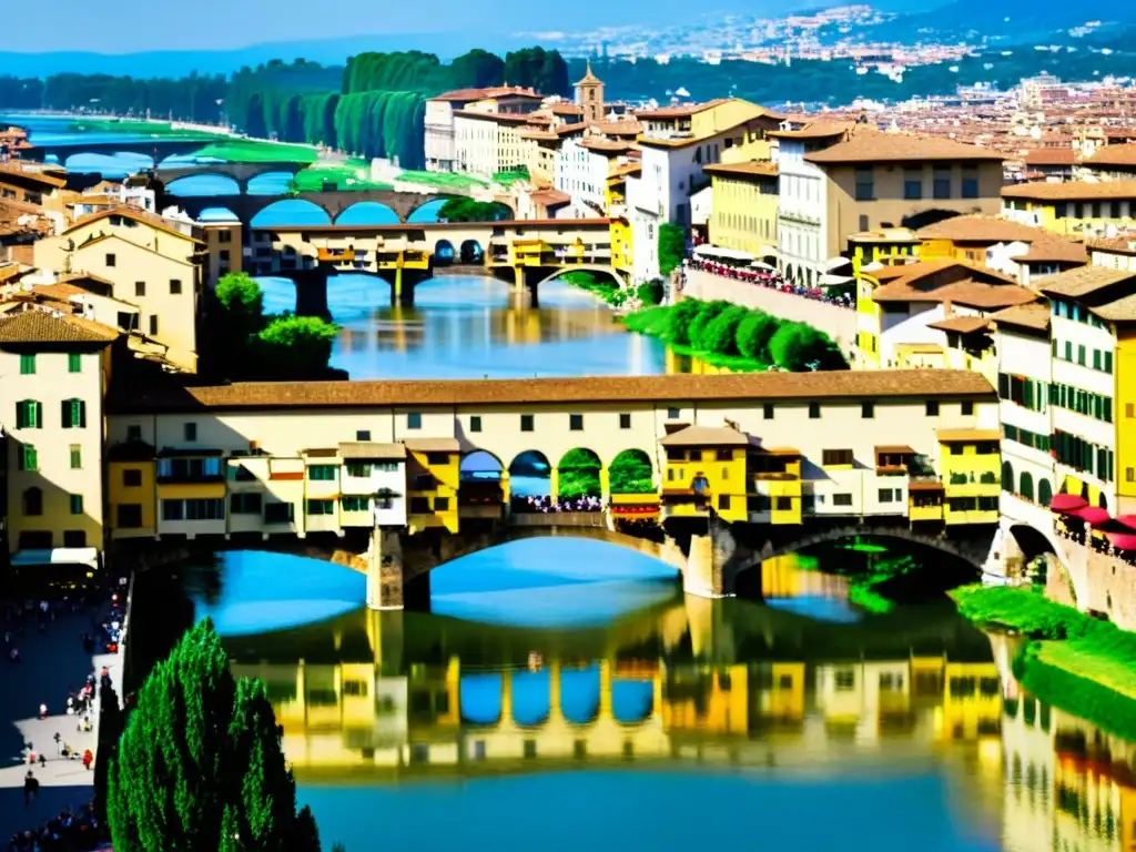 Vista documental de la icónica Ponte Vecchio en Florencia, con su arquitectura medieval y bulliciosa actividad