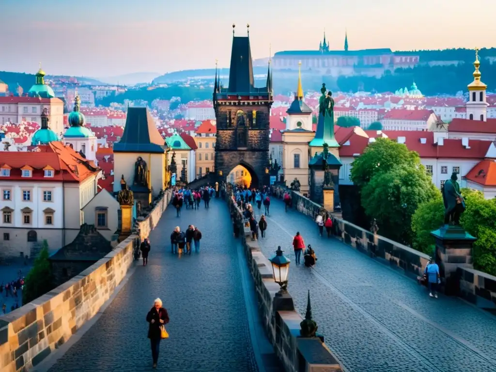 Vista dorada del Puente de Carlos en Praga, con estatuas y turistas