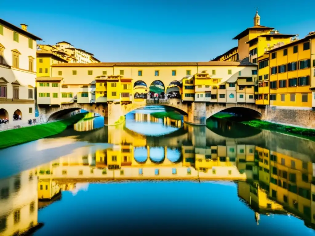 Vista dorada del Ponte Vecchio en Florencia, reflejándose en el río Arno, con tiendas de arte y siglos de historia