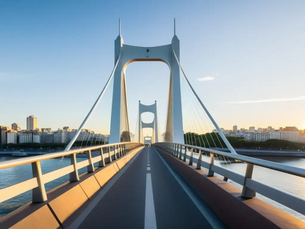 Vista en 3D del elegante Puente de la Mujer en Buenos Aires, resaltando su diseño futurista y su entorno urbano