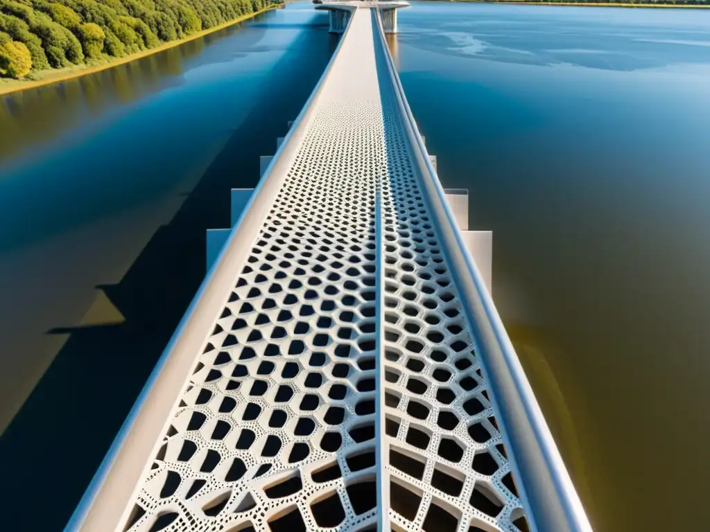 Vista elevada de un puente de espumas metálicas, destacando su estructura ligera e innovador diseño arquitectónico