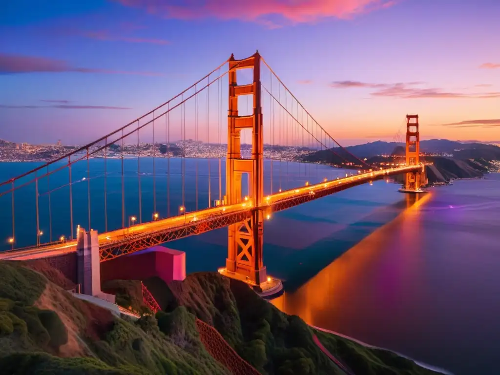 Vista espectacular del Puente Golden Gate al atardecer con reflejos dorados en el agua y reflectores para resaltar la arquitectura del puente