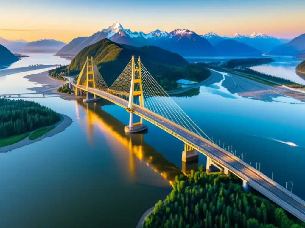 Vista espectacular del Puente Golden Ears en Columbia Británica, con el sol poniéndose sobre el río Fraser, creando una escena cálida y dorada