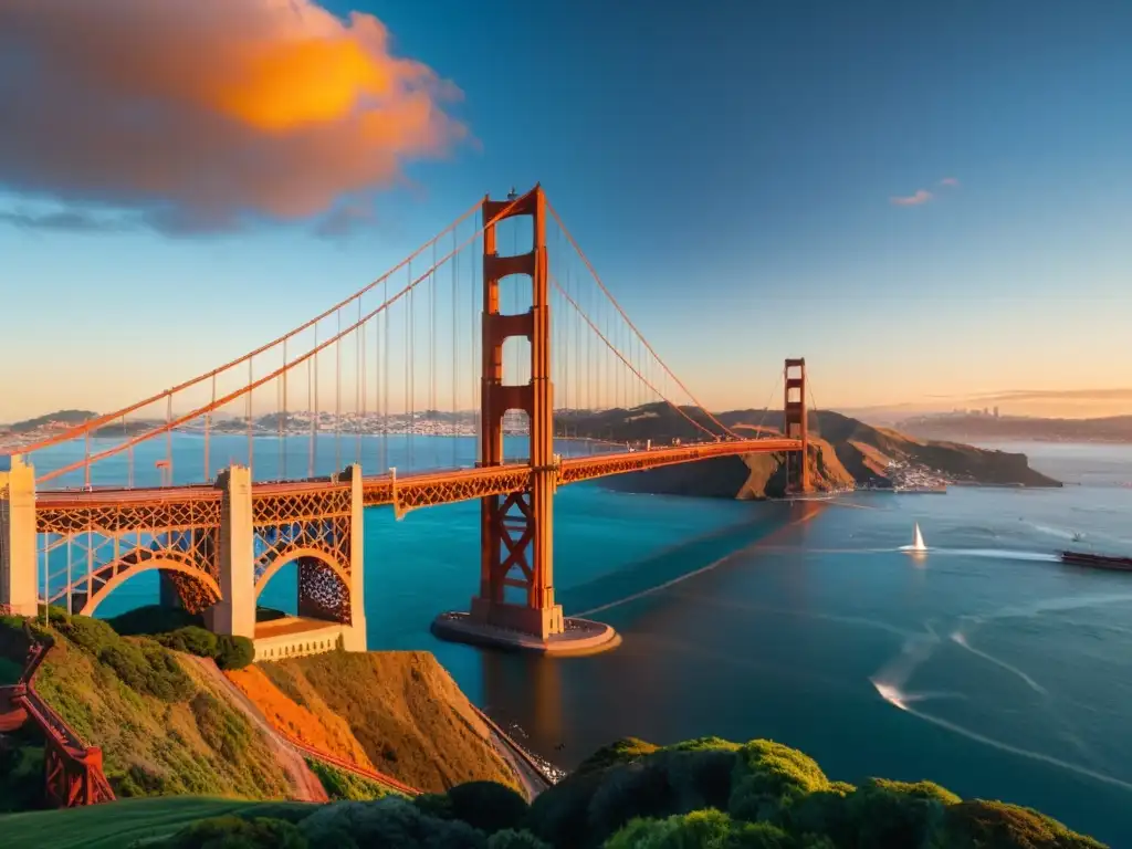 Vista espectacular del icónico Puente Golden Gate en San Francisco al atardecer, destacando su imponente estructura y la ciudad