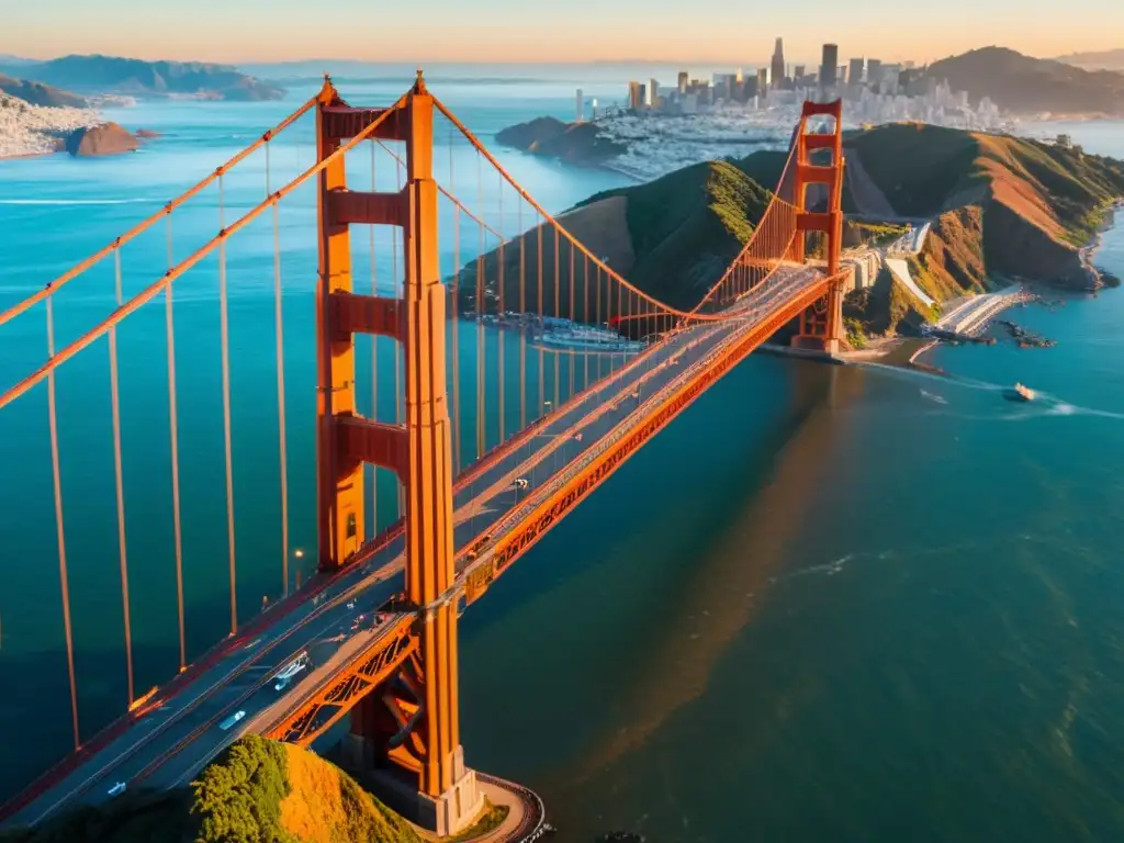 Vista espectacular del icónico Puente Golden Gate en San Francisco, con el resplandor dorado del atardecer