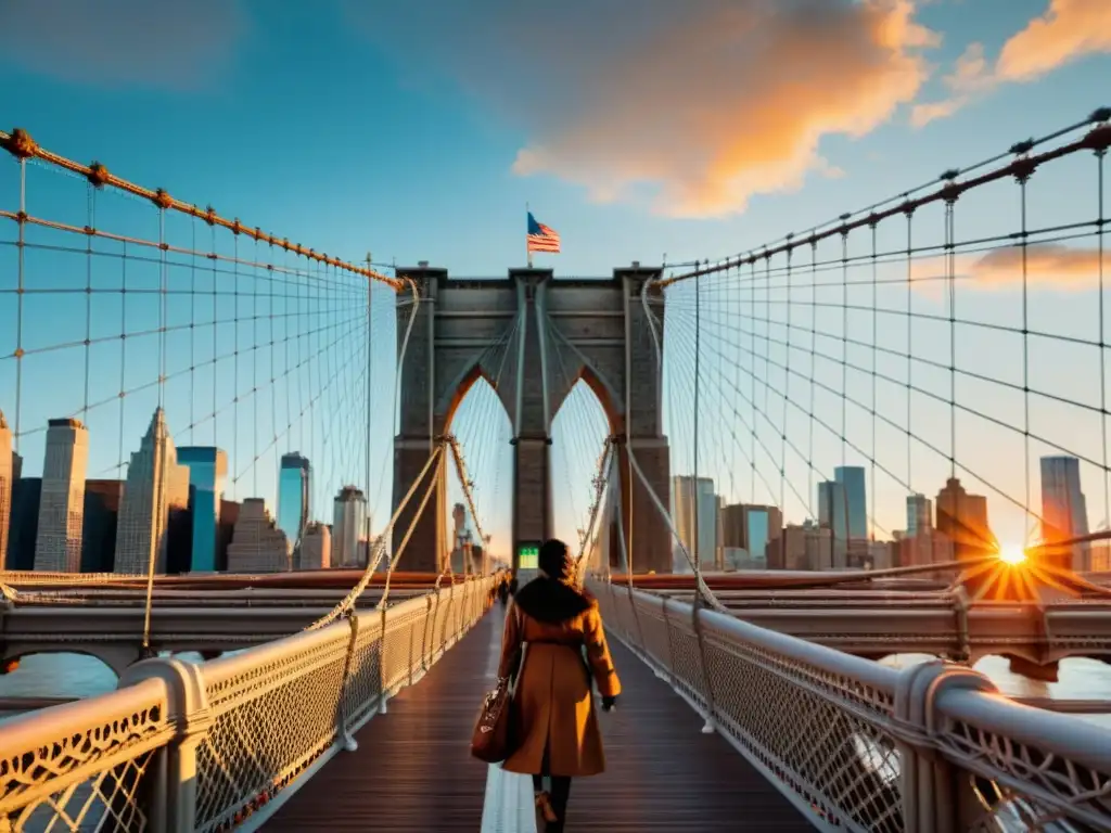 Vista espectacular del Puente de Brooklyn al atardecer, resaltando su historia y arquitectura icónica en Nueva York