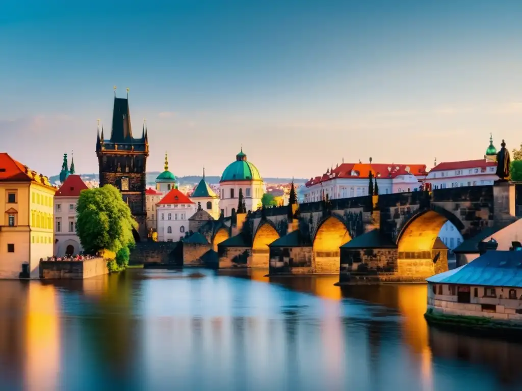 Vista espectacular del Puente de Carlos en Praga, con la cálida luz del atardecer sobre el río Vltava