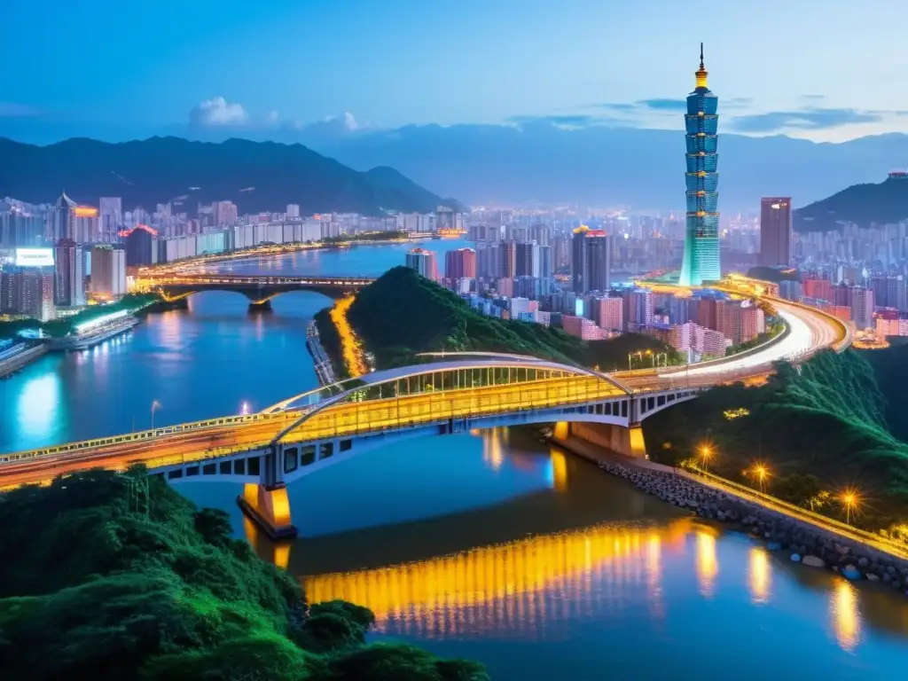 Vista espectacular del Puente de la Luna en Taipei, iluminado por luces coloridas al anochecer, con visitantes disfrutando del ambiente sereno